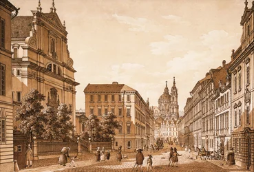 Blick auf die Karmelitská-Straße in Richtung der St.-Nikolaus-Kirche, Prag
